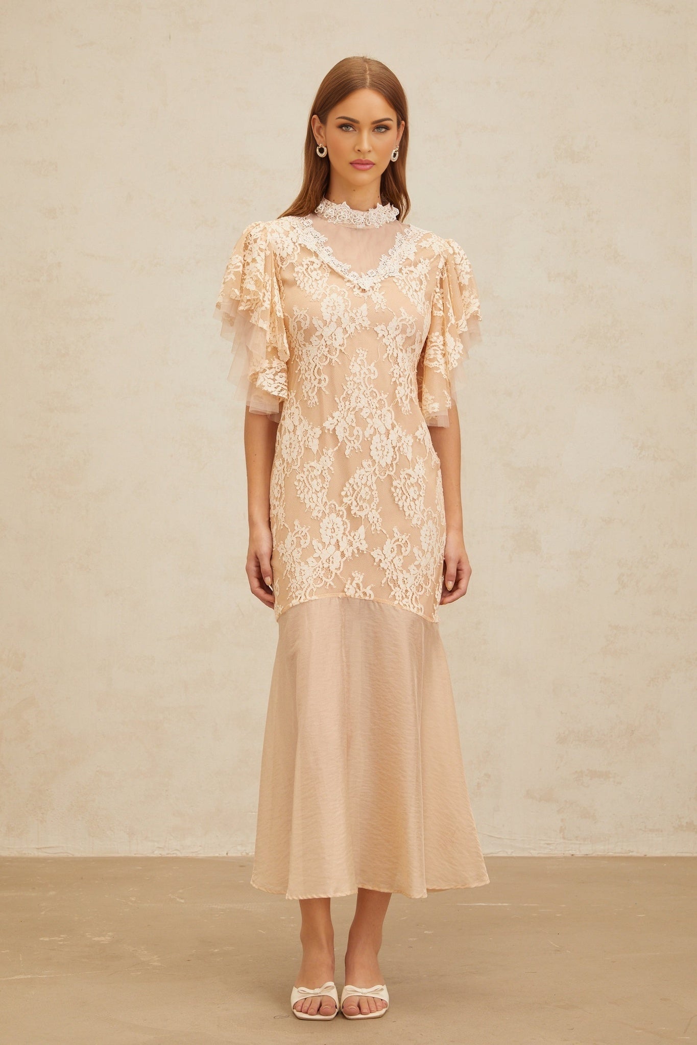Neutrals Floral Lace Mermaid Hem Midi Dress