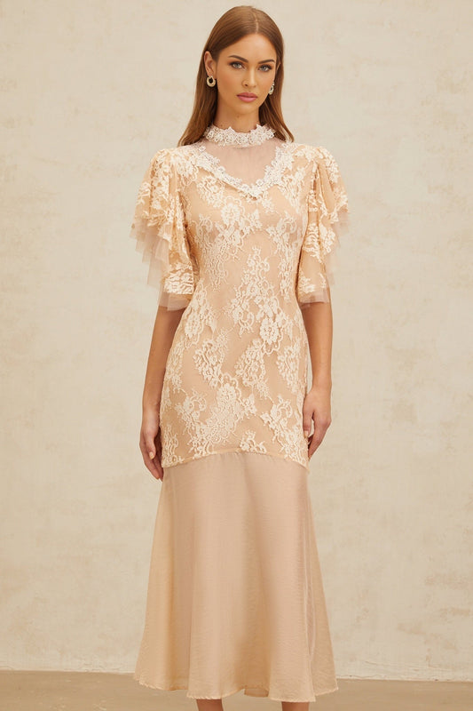 Neutrals Floral Lace Midi Dress with Ruffled Batwing Sleeves and Bead Embellishment