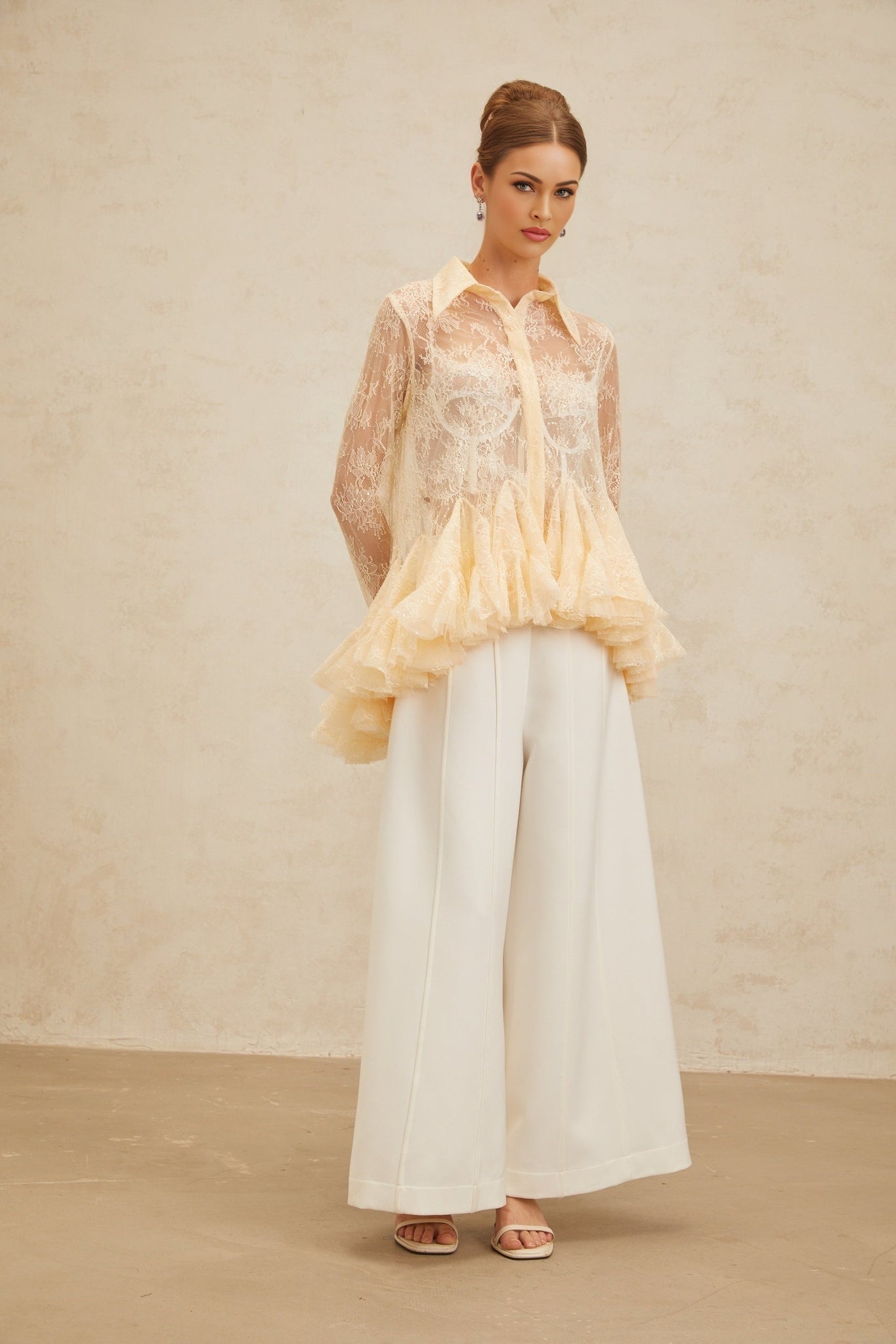 Neutrals Floral Lace Peplum Top with Sequin Embellishment