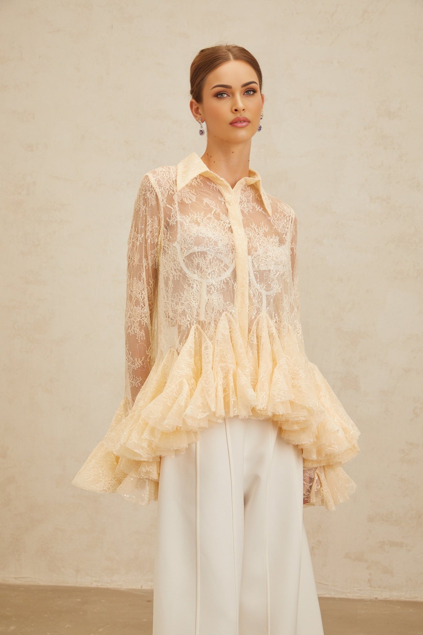 Neutrals floral lace peplum top with sequin embellishment and ruffled detailing