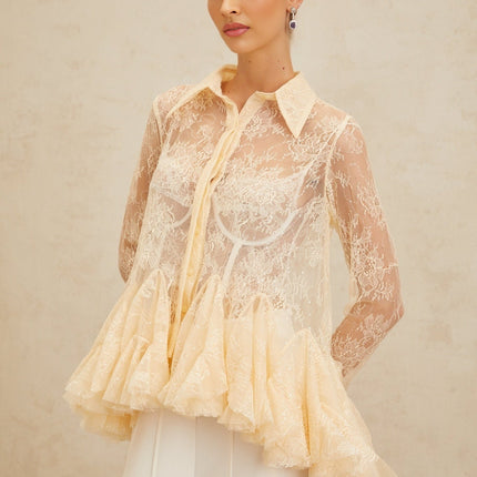 Violet wearing Neutrals Floral Lace Ruffled Sequin Blouse Peplum Pointed Collar Flared Sleeves Terylene Fiber