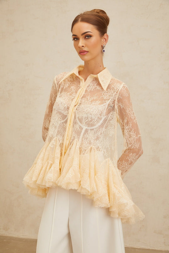 Violet wearing Neutrals Floral Lace Ruffled Sequin Blouse Peplum Pointed Collar Flared Sleeves Terylene Fiber