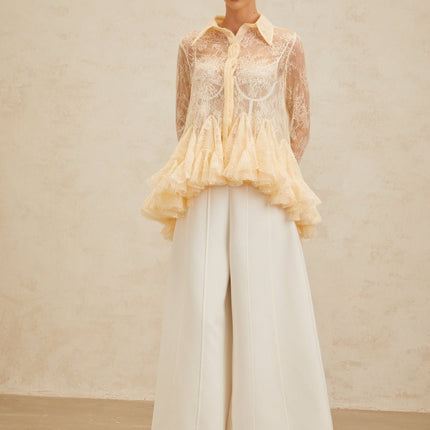 Violet wearing Neutrals Floral Lace Ruffled Sequin Blouse with Peplum Hem and Pointed Collar