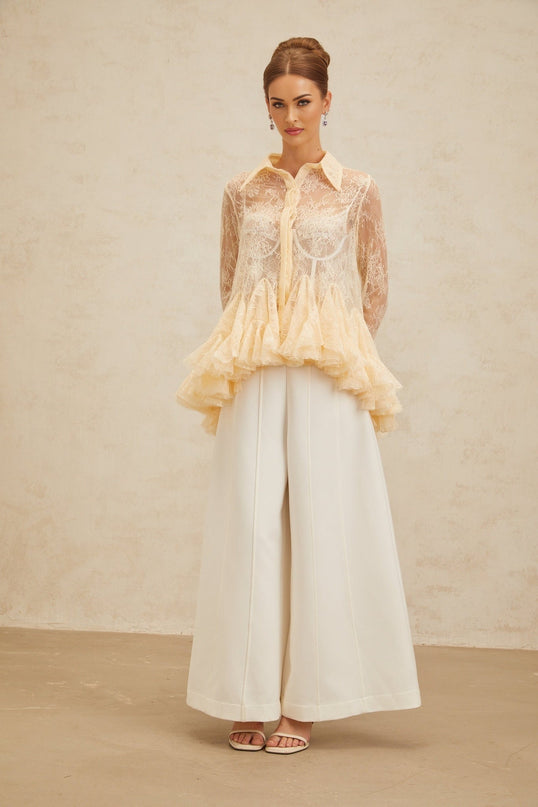 Violet wearing Neutrals Floral Lace Ruffled Sequin Blouse with Peplum Hem and Pointed Collar