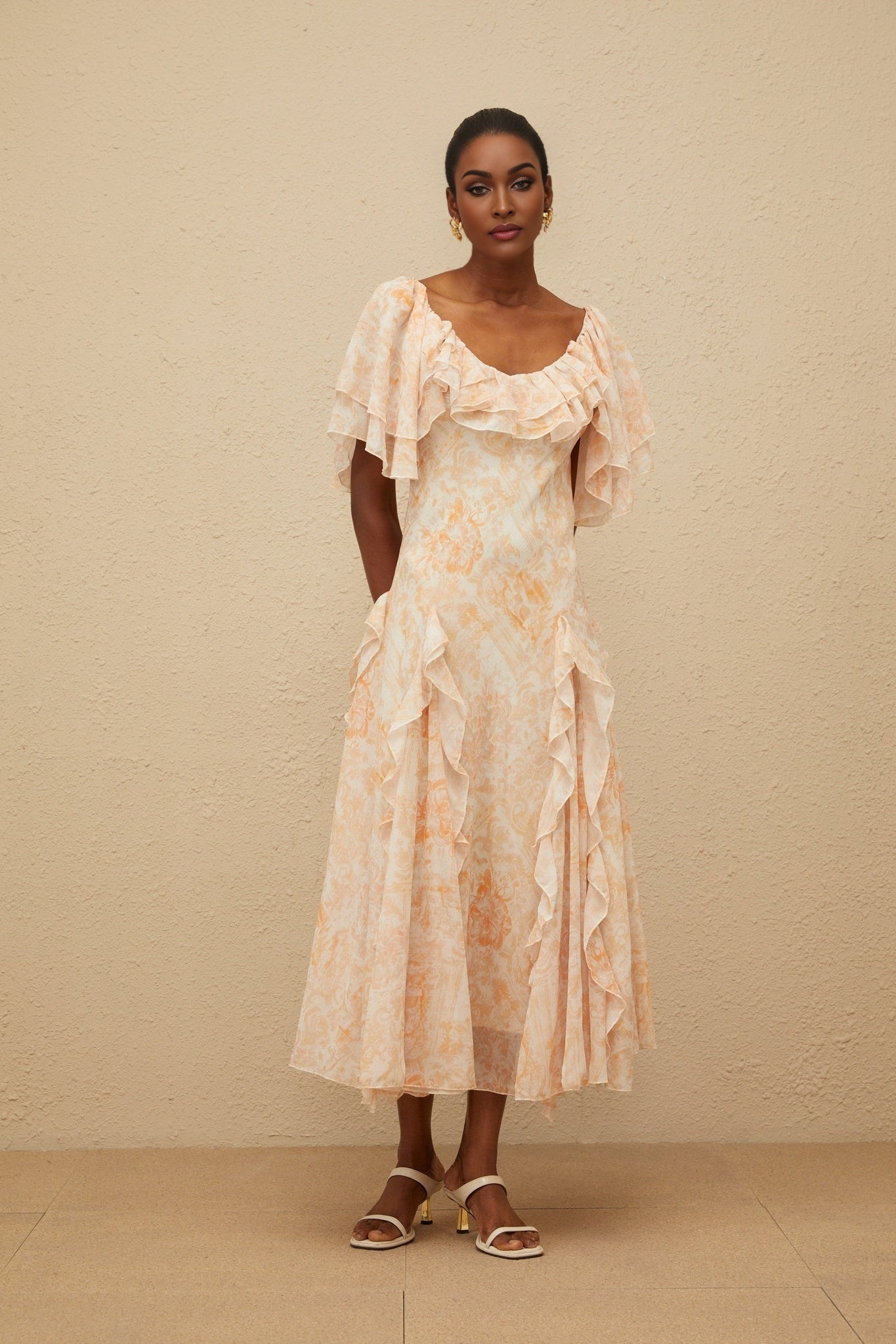 Neutrals floral print midi dress with batwing sleeves and ruffled detailing