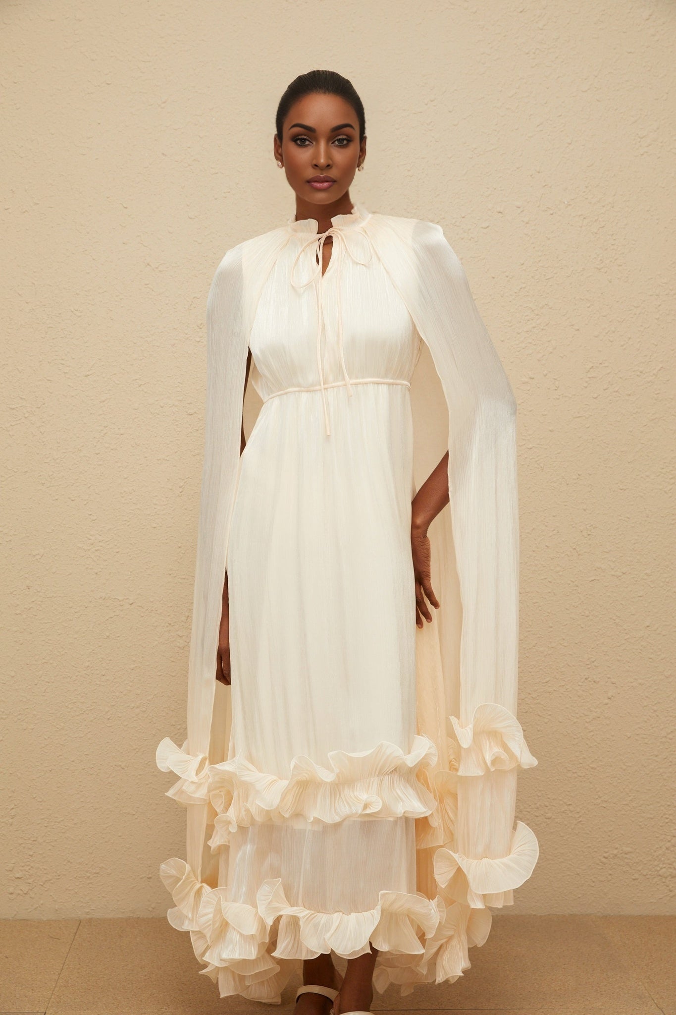 Neutrals Frilled Neck Sleeveless Cape Design Glossy Finish Layered Fully Pleated Ruffled Trim Side Zip Fastening Midi Length Dress
