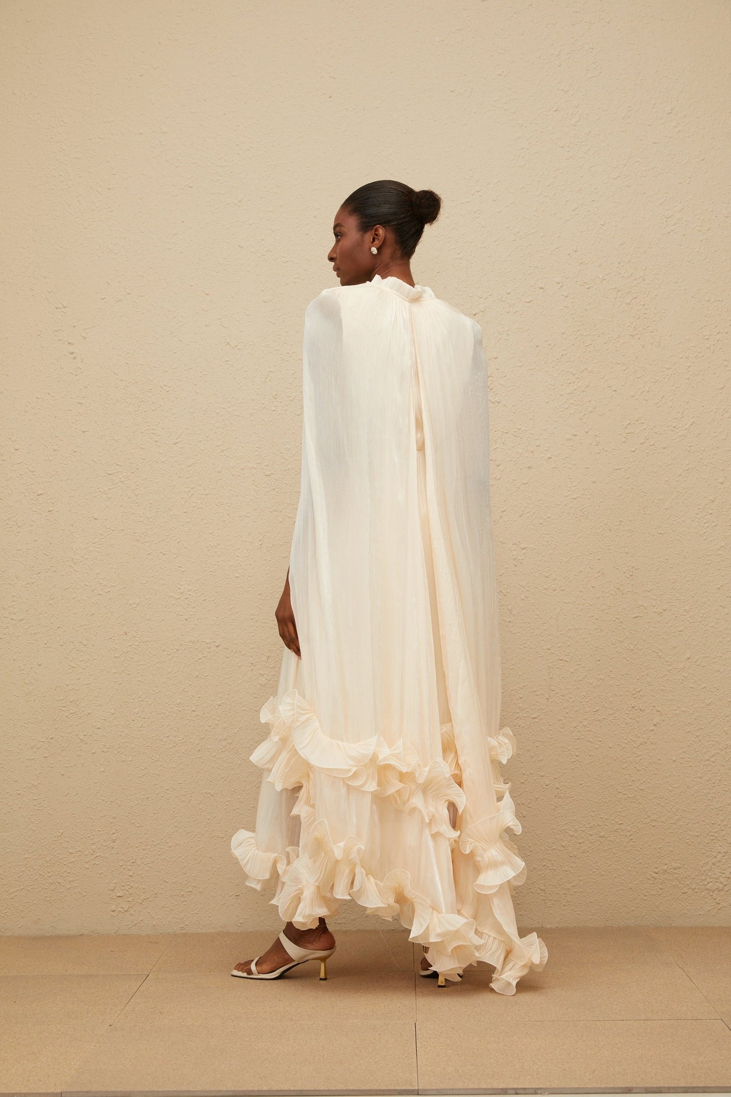 Neutrals Frilled Neck Sleeveless Cape Design Glossy Finish Layered Fully Pleated Ruffled Trim Side Zip Fastening Midi Length Dress