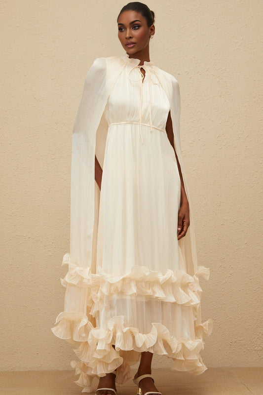 Neutrals Frilled Neck Sleeveless Cape Design Glossy Finish Layered Fully Pleated Ruffled Trim Side Zip Fastening Midi Length Dress