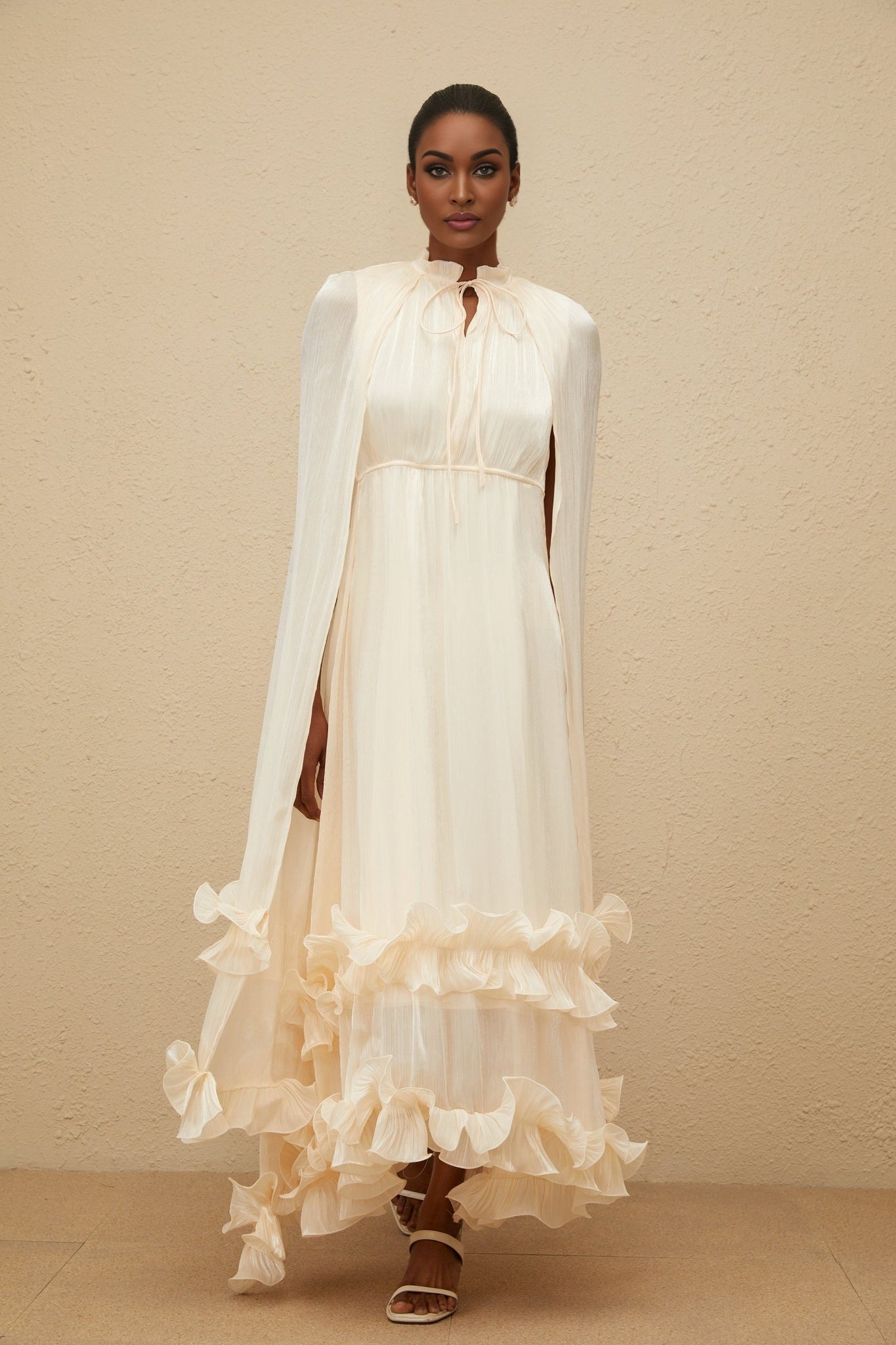 Neutrals Frilled Neck Sleeveless Cape Design Midi Dress in Glossy Finish