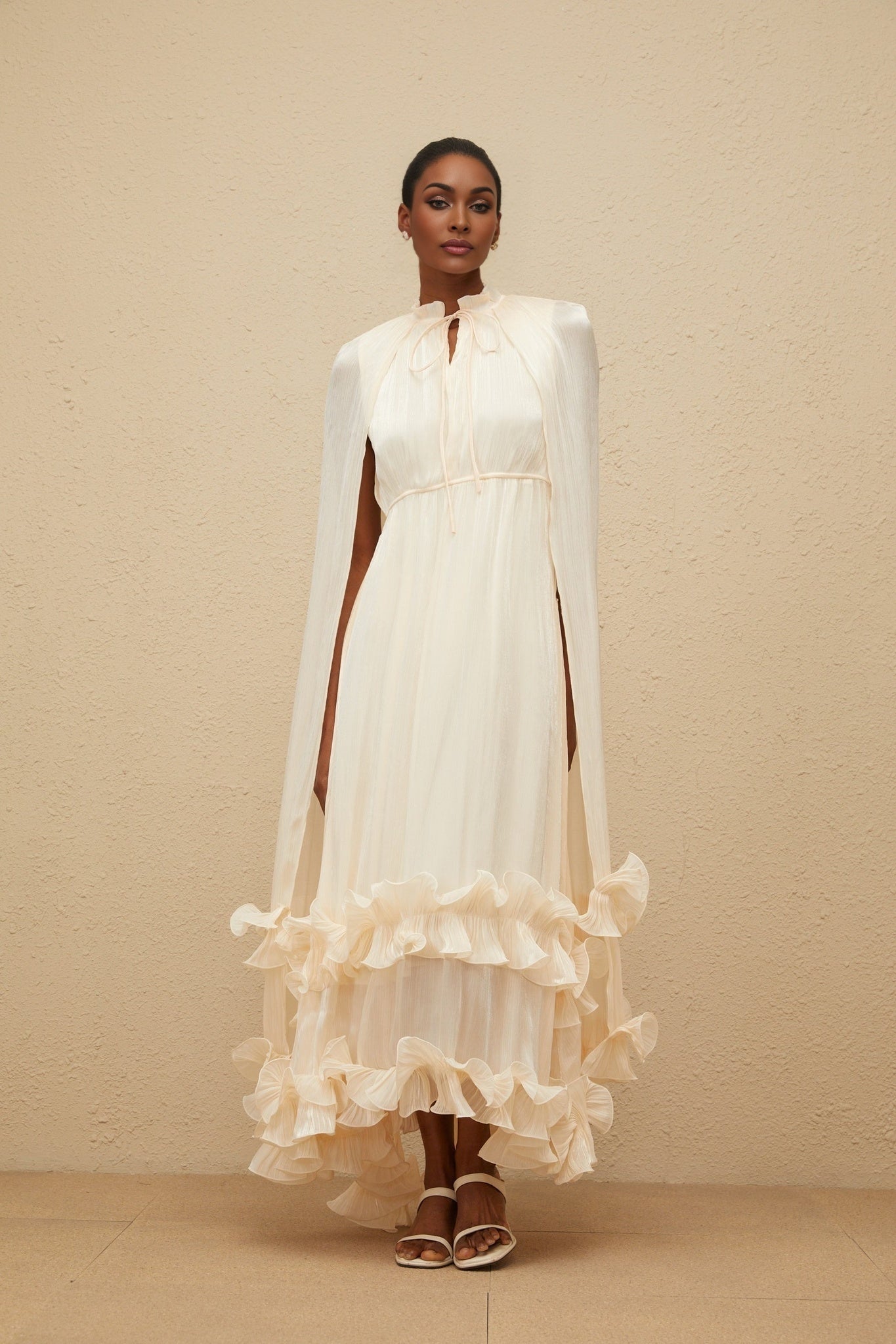 Neutrals Frilled Neck Sleeveless Cape Design Midi Dress in Glossy Finish