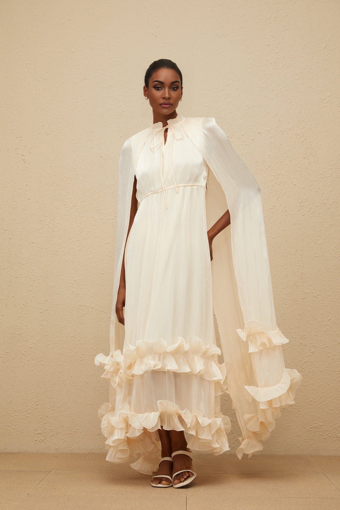 Neutrals Frilled Neck Sleeveless Cape Design Midi Dress in Glossy Finish