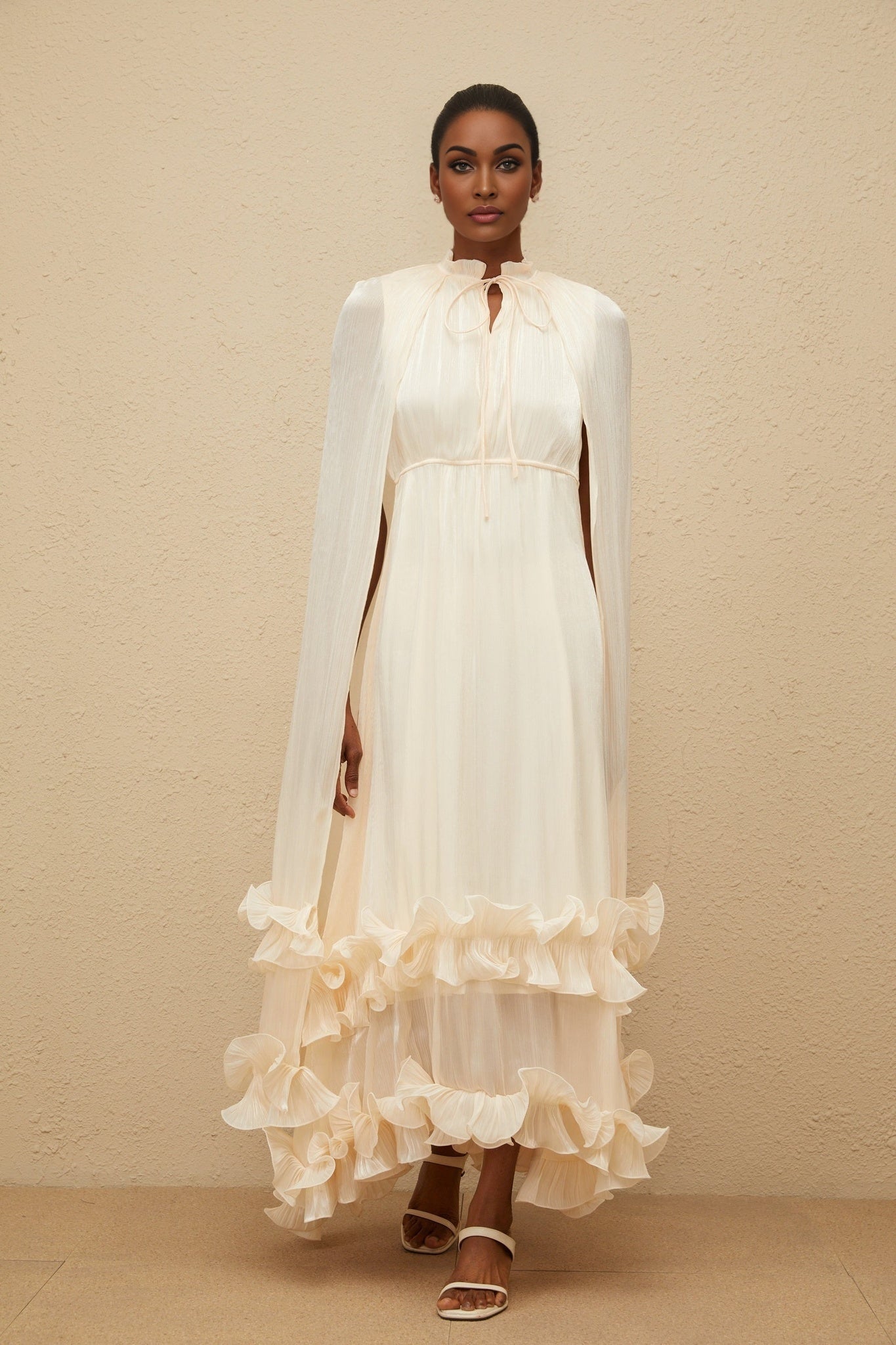 Neutrals Frilled Neck Sleeveless Cape Design Midi Dress