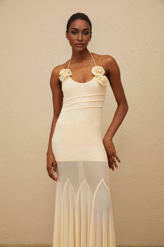 Neutrals Halterneck Sleeveless Mesh Fitted Waistline 3D-Petal Detailing Godet Design Rear Tie Fastening Maxi Length Dress in S