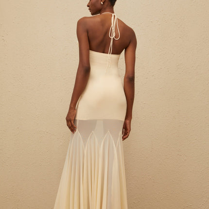 Neutrals Halterneck Sleeveless Mesh Fitted waistline 3D-petal detailing Godet design Rear tie fastening Maxi length dress in S color