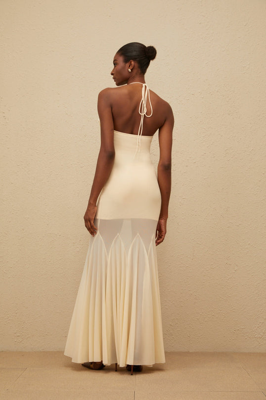 Neutrals Halterneck Sleeveless Mesh Fitted waistline 3D-petal detailing Godet design Rear tie fastening Maxi length dress in S color