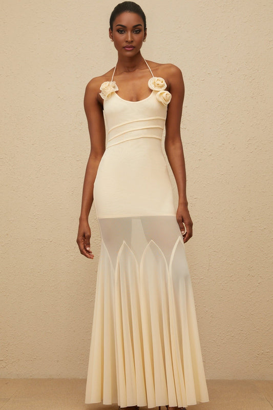 Neutrals halterneck sleeveless mesh fitted waistline 3D-petal detailing godet design rear tie fastening maxi length dress in S color