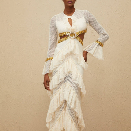 Neutrals keyhole neck long sleeve maxi dress with lace overlay and sequin embellishment