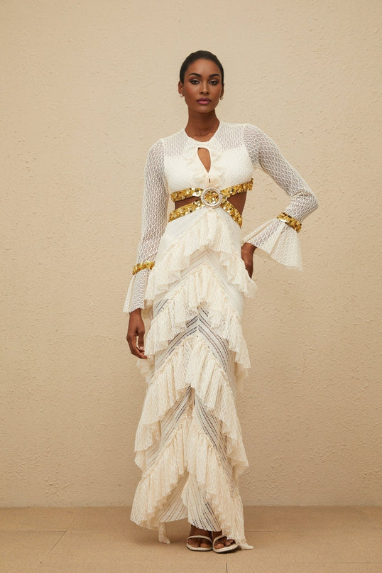 Neutrals keyhole neck long sleeve maxi dress with lace overlay and sequin embellishment