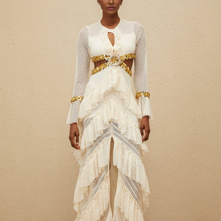 Neutrals keyhole neck long sleeve maxi dress with lace overlay and sequin embellishment