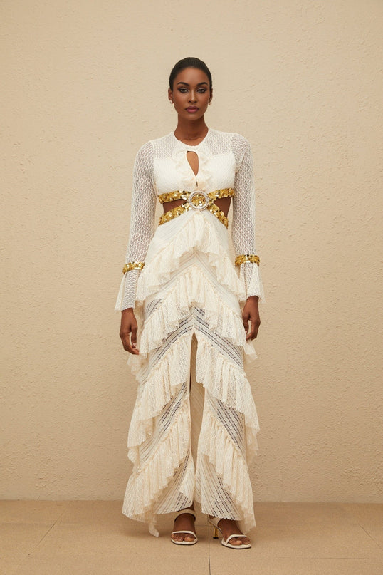 Neutrals keyhole neck long sleeve maxi dress with lace overlay and sequin embellishment