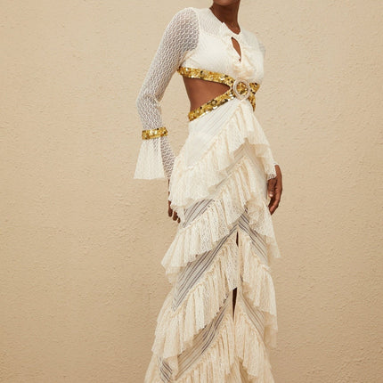 Neutrals Lace Overlay Maxi Dress with Flared Cuffs and Sequin Embellishment