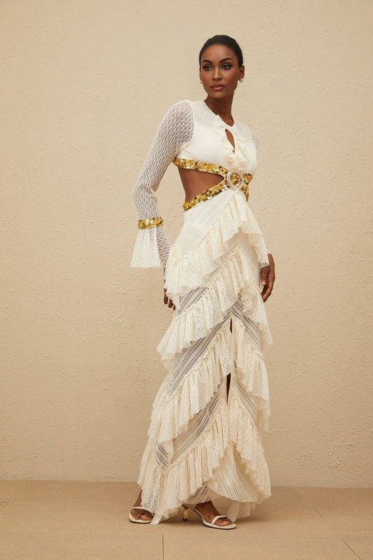 Neutrals Lace Overlay Maxi Dress with Flared Cuffs and Sequin Embellishment