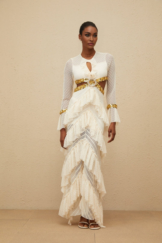 Neutrals Lace Overlay Maxi Dress with Sequin Embellishment and Cut-Out Design