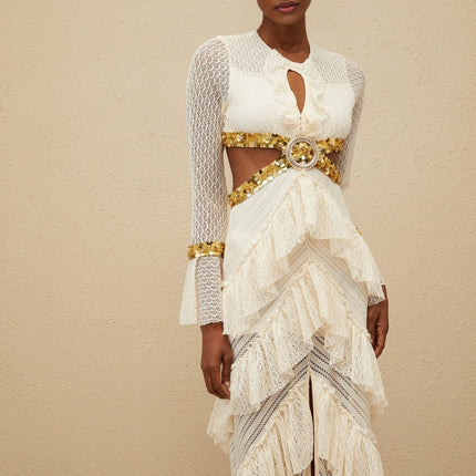 Neutrals Lace Overlay Maxi Dress with Sequin Embellishment