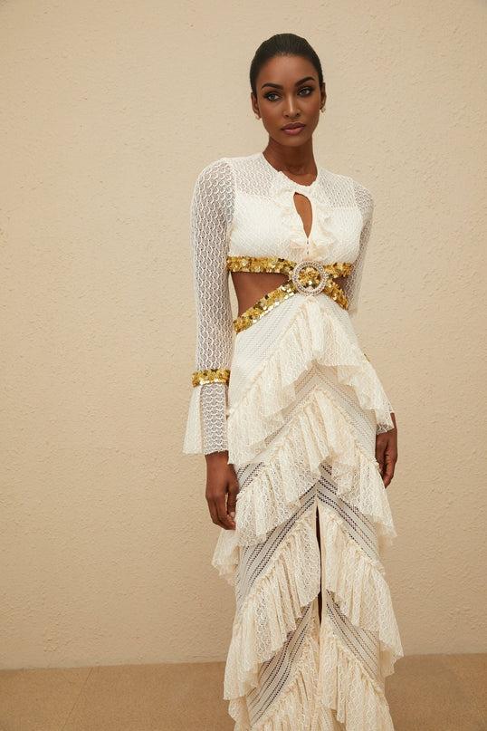 Neutrals Lace Overlay Maxi Dress with Sequin Embellishment