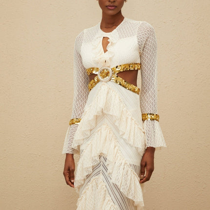 Neutrals lace overlay maxi dress with keyhole neck and sequin embellishment