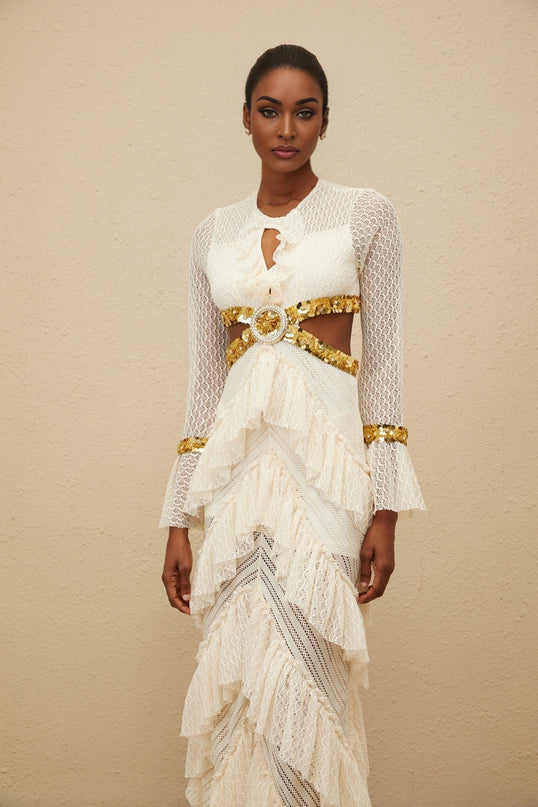 Neutrals lace overlay maxi dress with keyhole neck and sequin embellishment