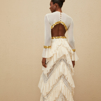 Neutrals lace overlay maxi dress with keyhole neck and sequin embellishment