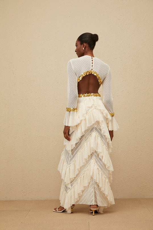 Neutrals lace overlay maxi dress with keyhole neck and sequin embellishment