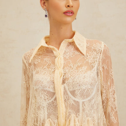 Violet wearing Neutrals Lace Ruffle Sequin Blouse with Peplum Hem and Pointed Collar