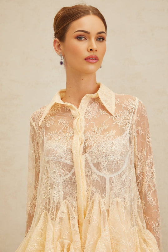 Violet wearing Neutrals Lace Ruffle Sequin Blouse with Peplum Hem and Pointed Collar
