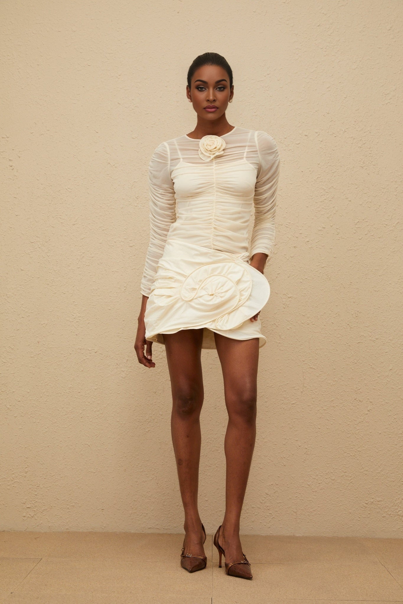 Neutrals Mesh Ruched Floral Appliqué Top