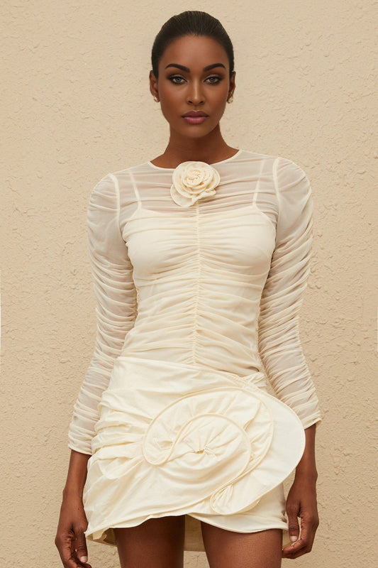 Neutrals Mesh Ruched Long Sleeve Top with Floral Appliqué