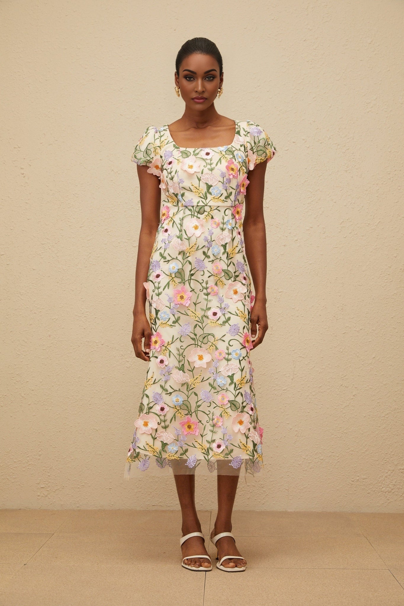 Neutrals Multicolor Cap Sleeve Floral Embroidered Midi Dress
