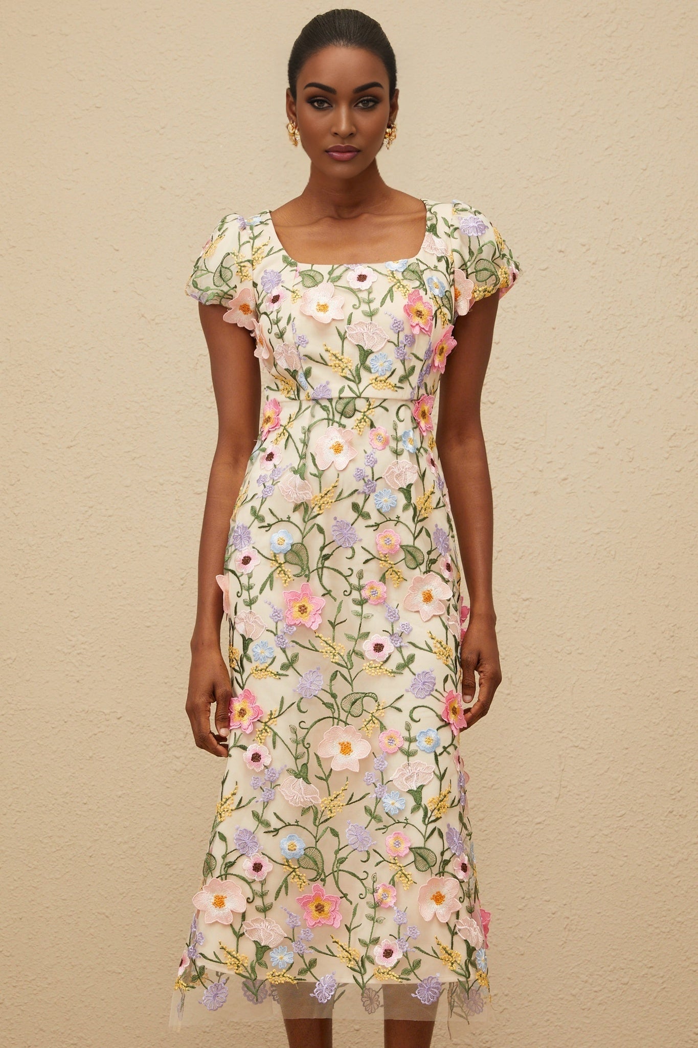 Neutrals Multicolor Cap Sleeve Floral Embroidered Midi Dress
