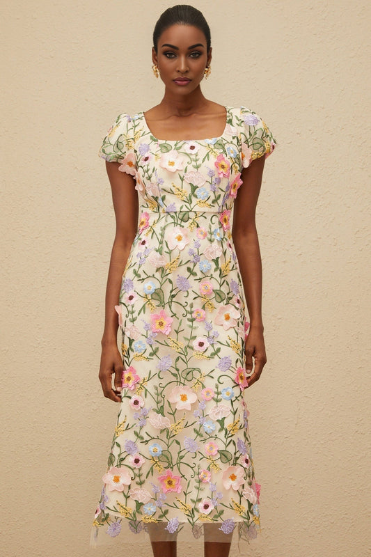 Neutrals Multicolor Cap Sleeve Floral Embroidered Midi Dress