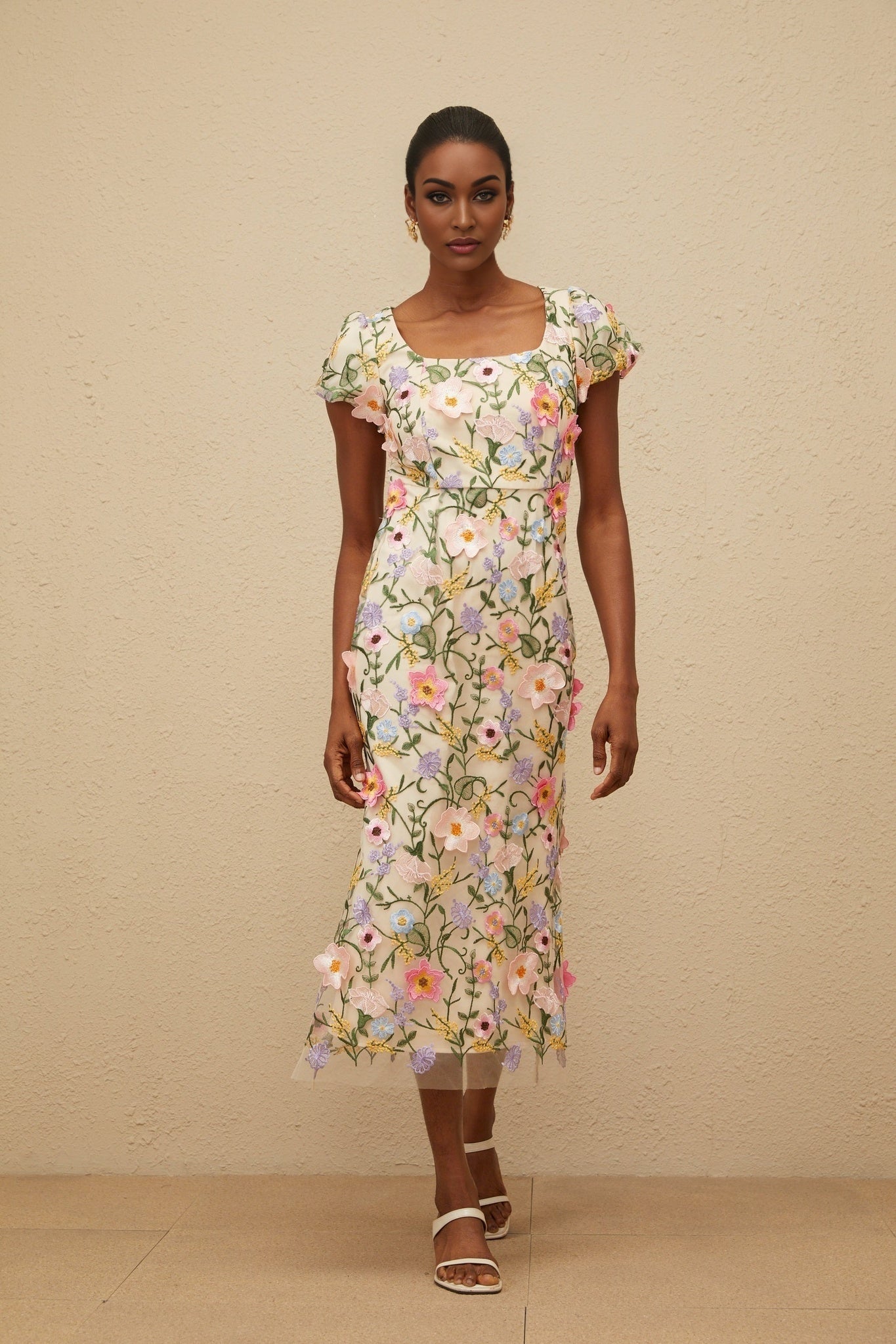 Neutrals Multicolor Cap Sleeve Floral Embroidered Midi Dress