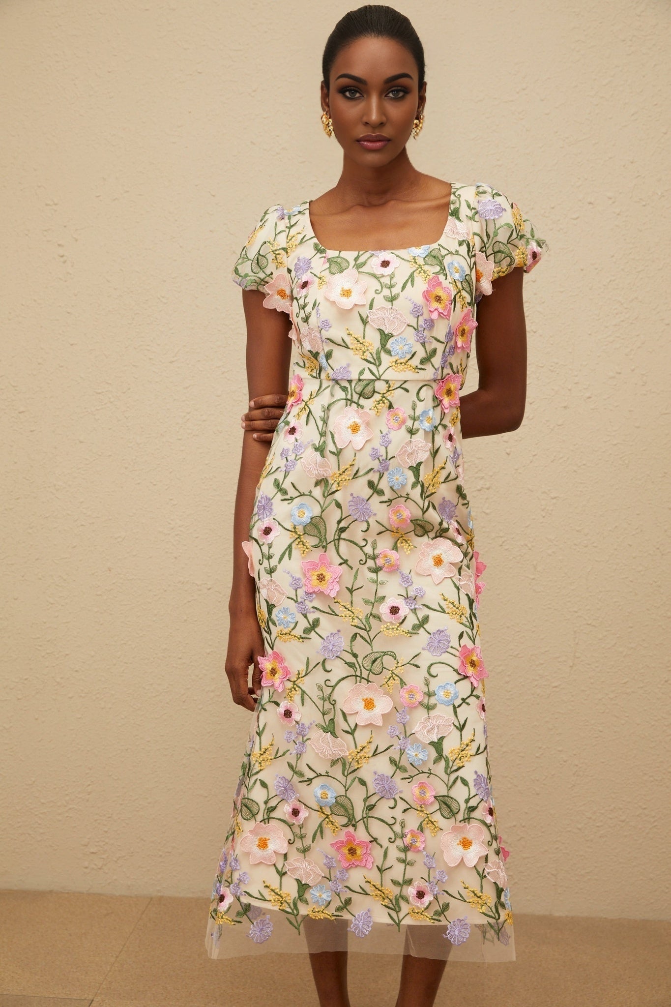 Neutrals Multicolor Cap Sleeve Square Neck Floral Embroidered Midi Dress