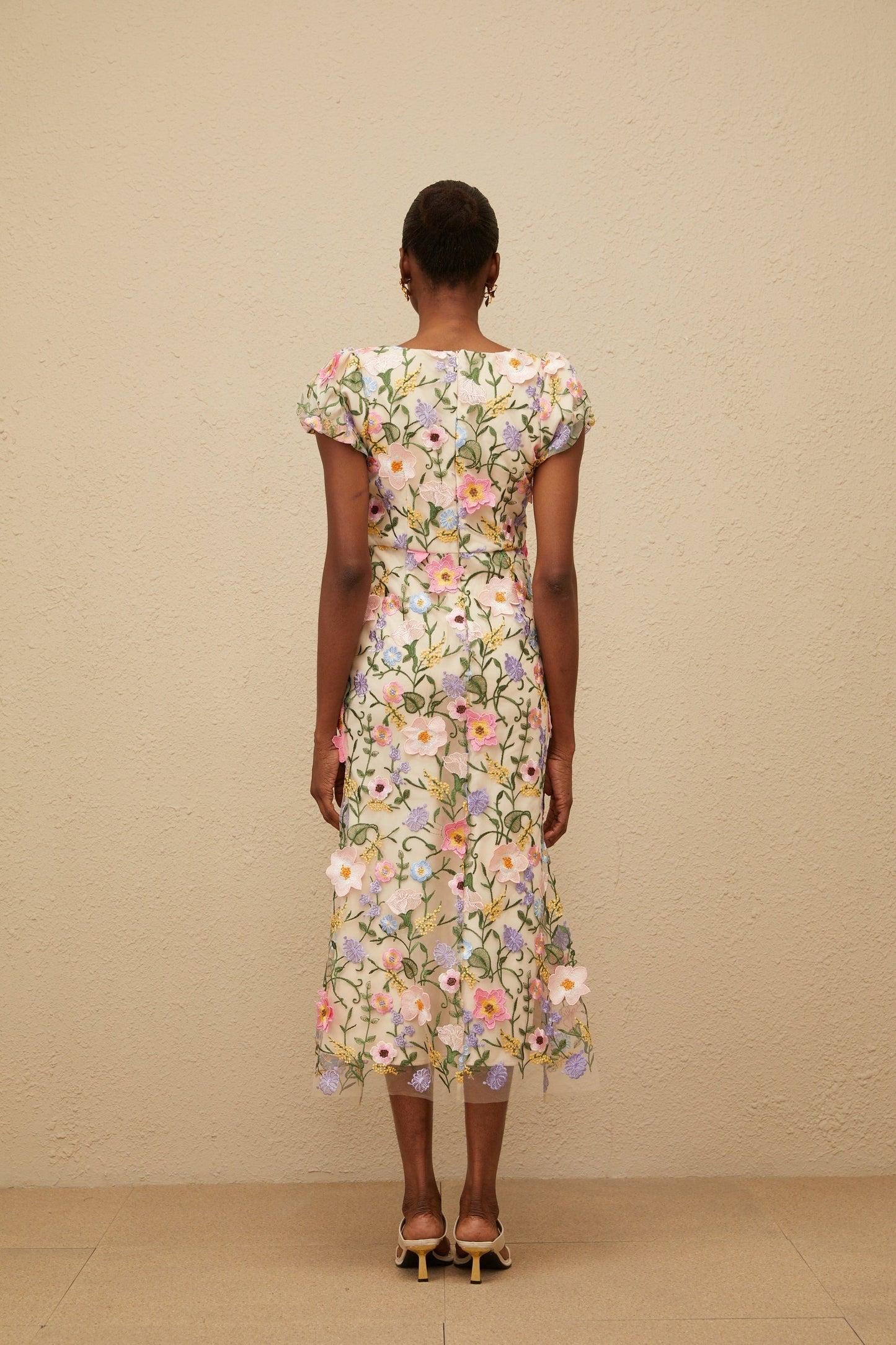Neutrals Multicolor Cap Sleeve Square Neck Floral Embroidered Midi Dress