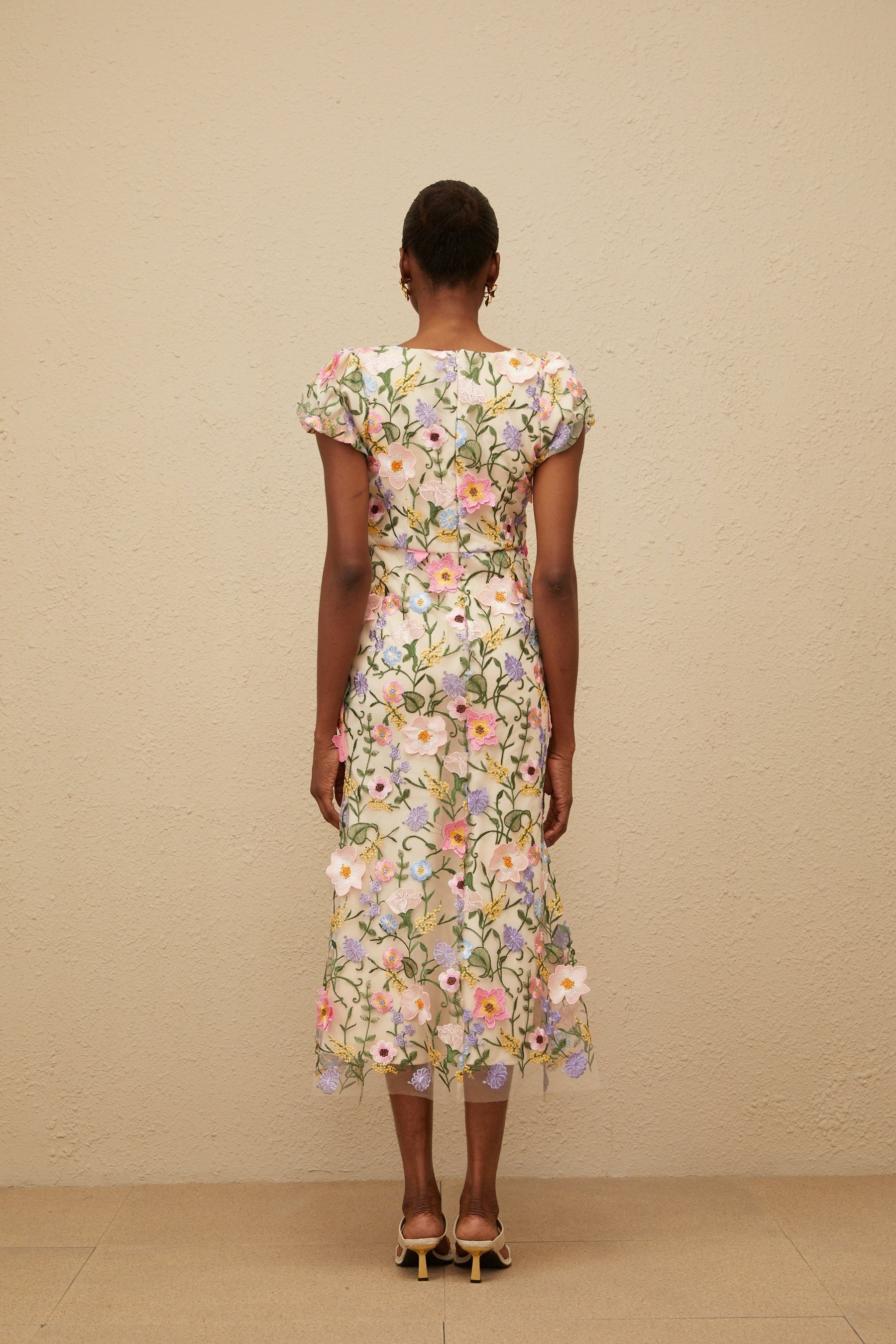 Neutrals Multicolor Cap Sleeve Square Neck Floral Embroidered Midi Dress