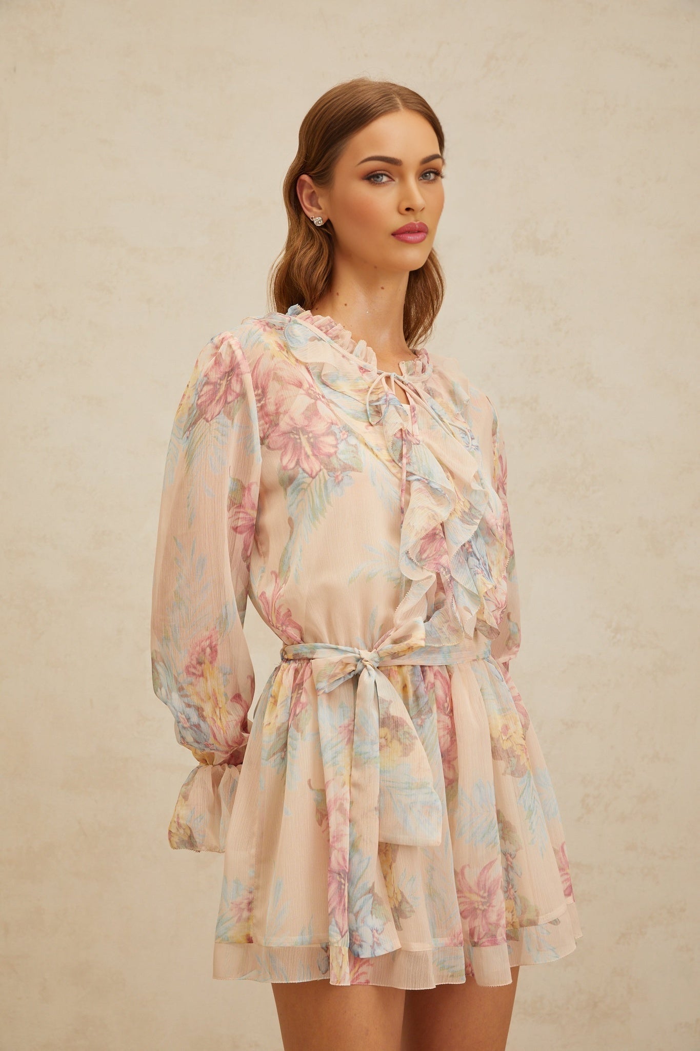 Neutrals Multicolor Chiffon Floral Print Dress with Frilled Neck and Flared Cuffs