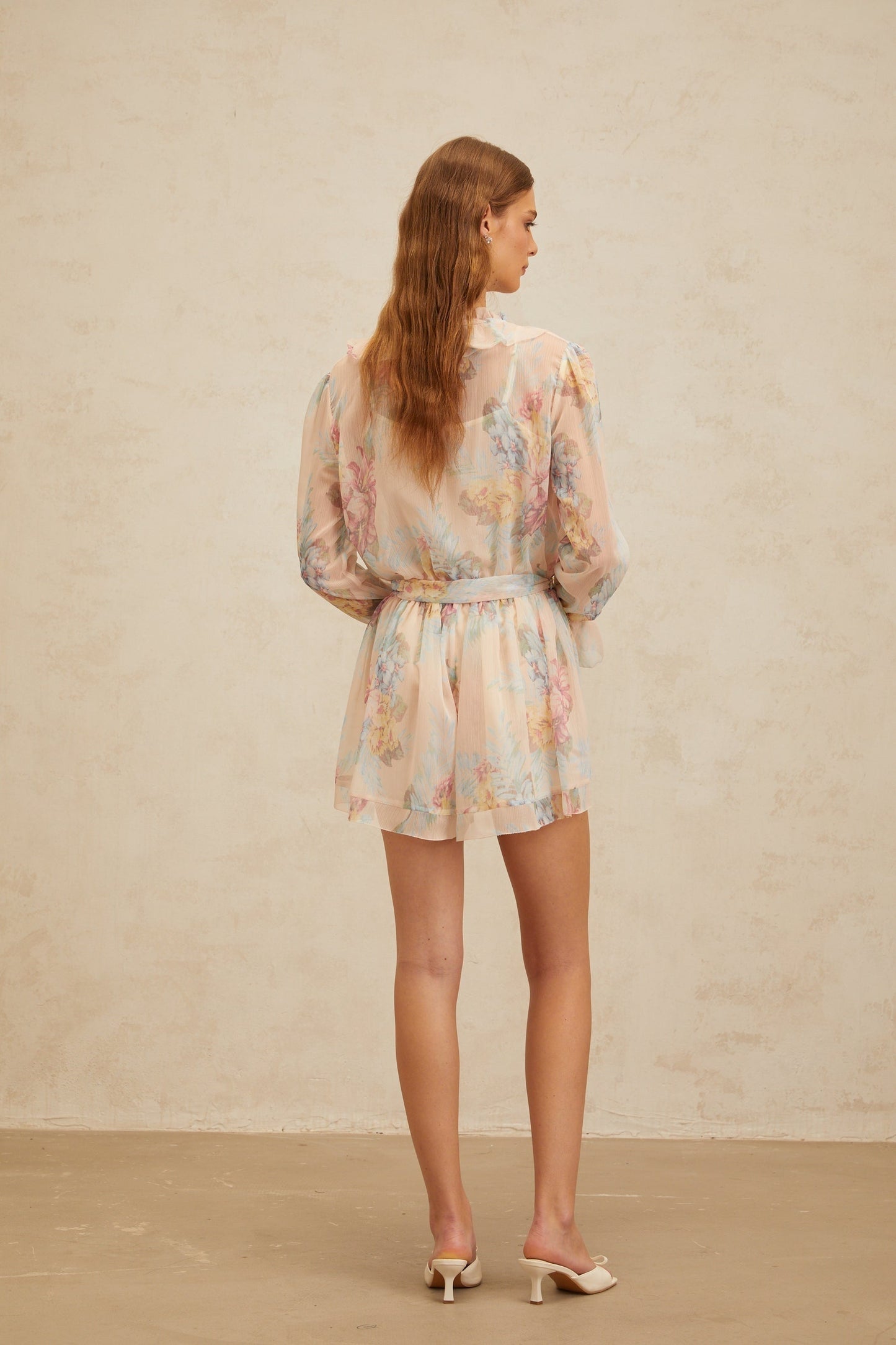 Neutrals Multicolor Floral Print Chiffon Dress with Frilled Neck and Flared Cuffs