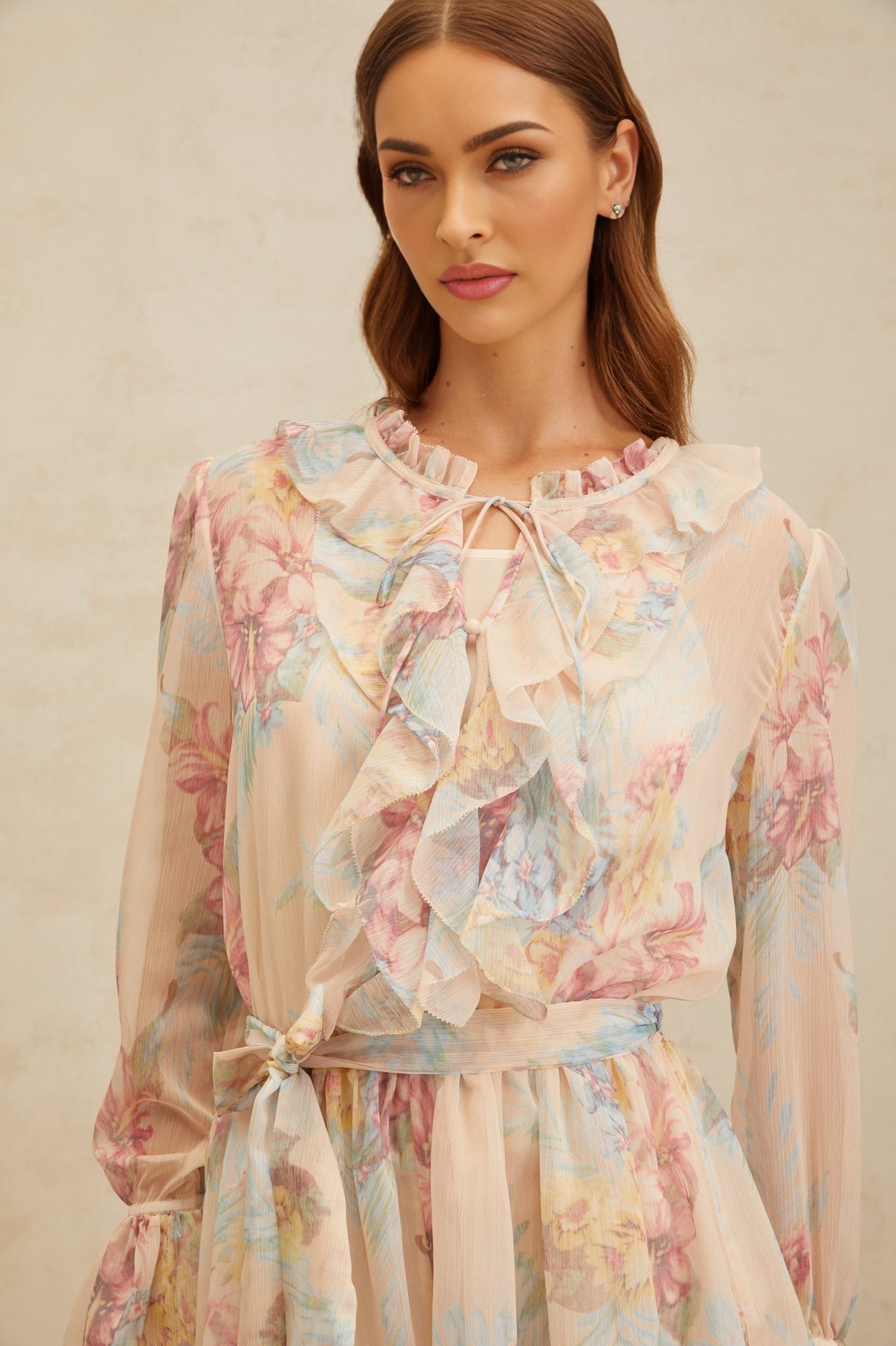 Neutrals Multicolor Floral Print Chiffon Dress with Frilled Neck and Flared Cuffs