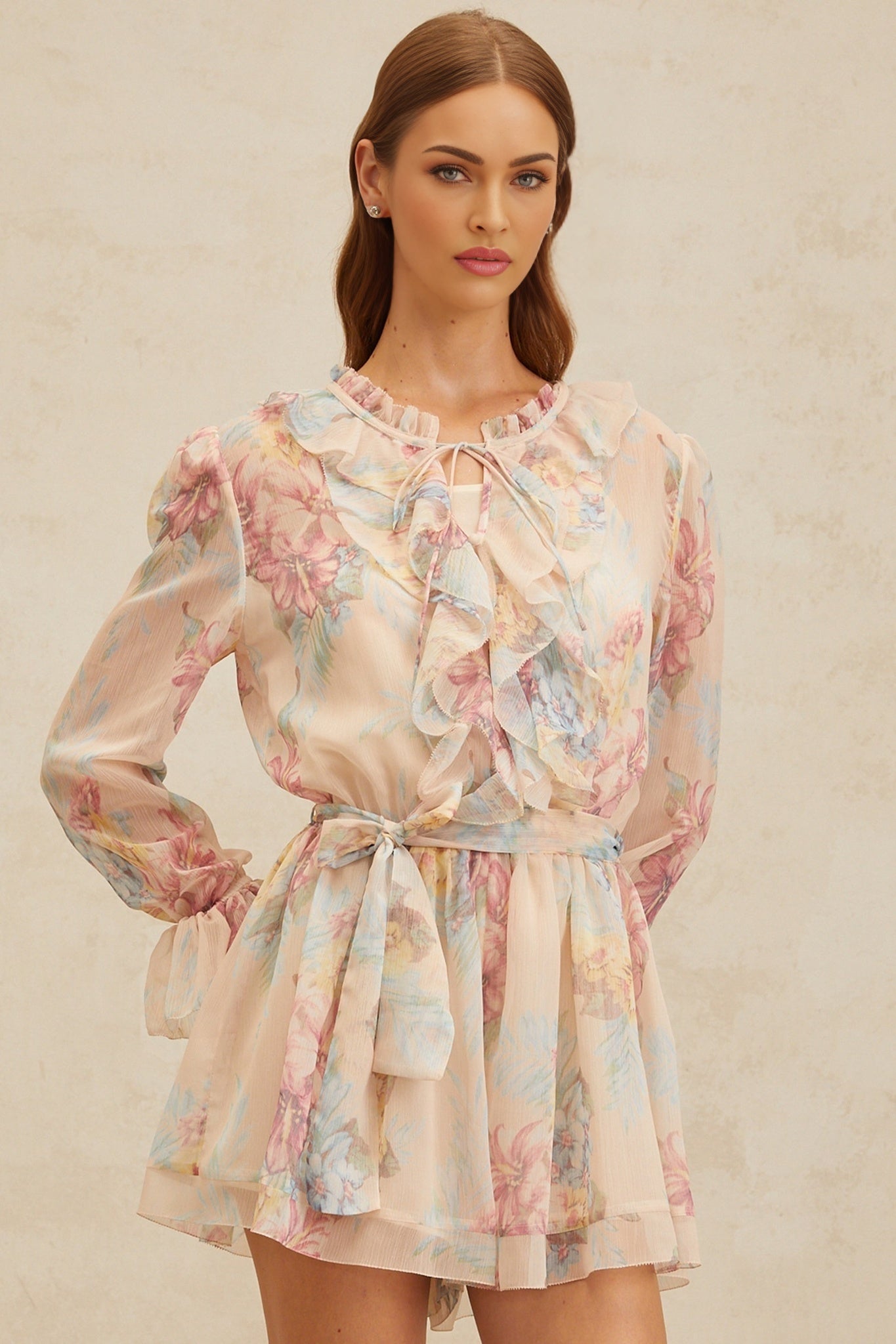 Neutrals Multicolor Floral Print Chiffon Dress with Frilled Neck and Self-Tie Detailing