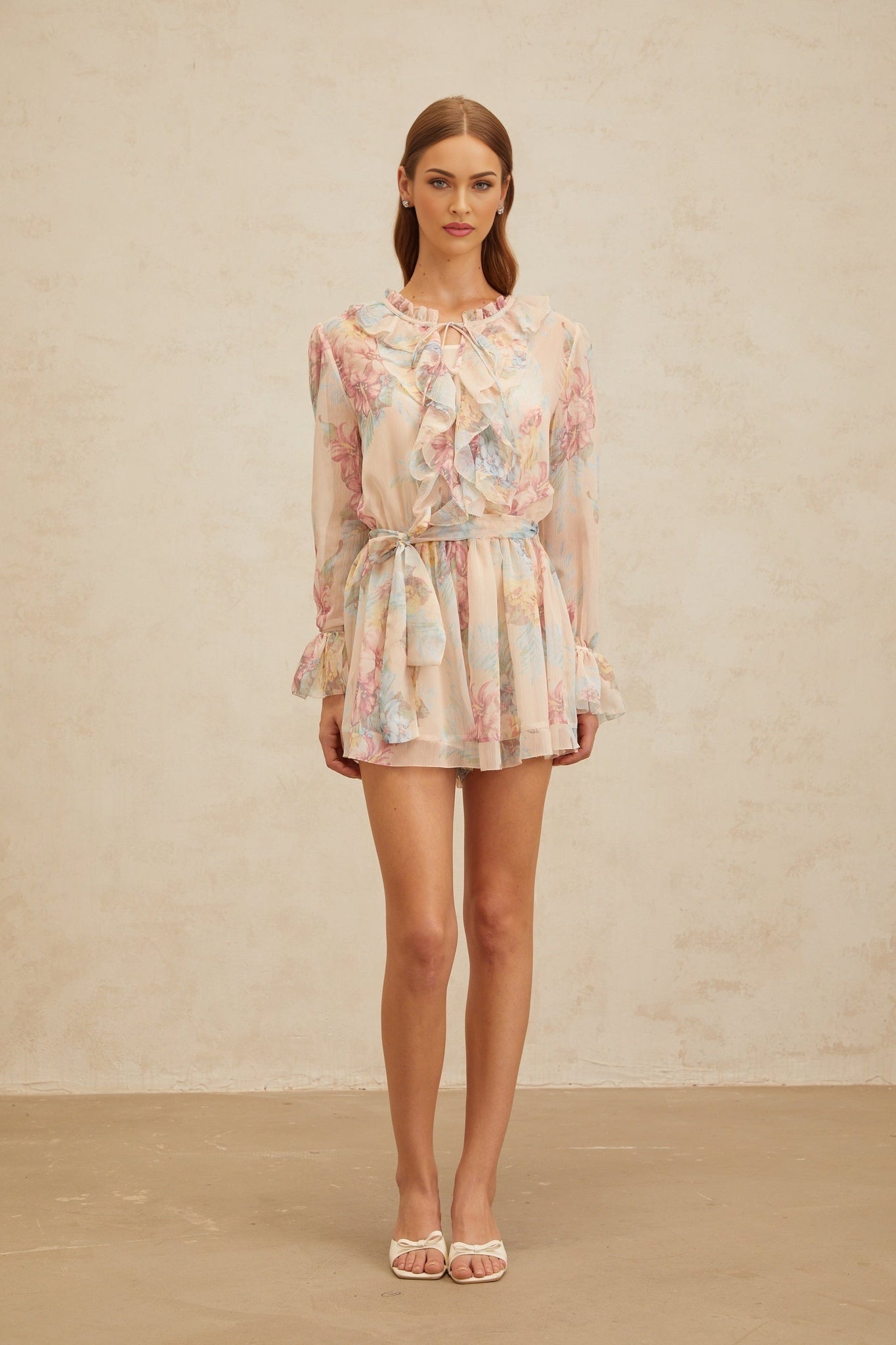 Neutrals Multicolor Floral Print Chiffon Dress with Frilled Neck and Flared Cuffs