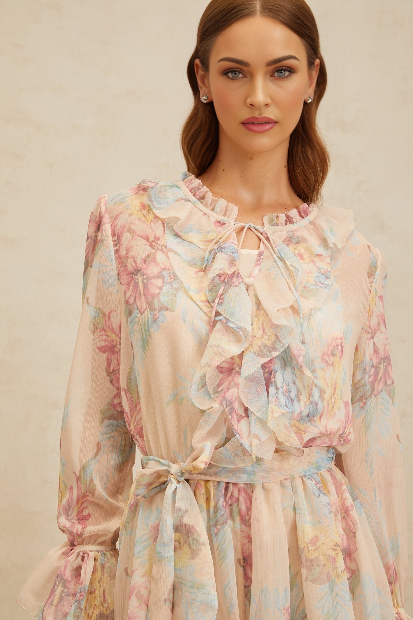 Neutrals Multicolor Floral Print Chiffon Dress with Frilled Neck and Flared Cuffs